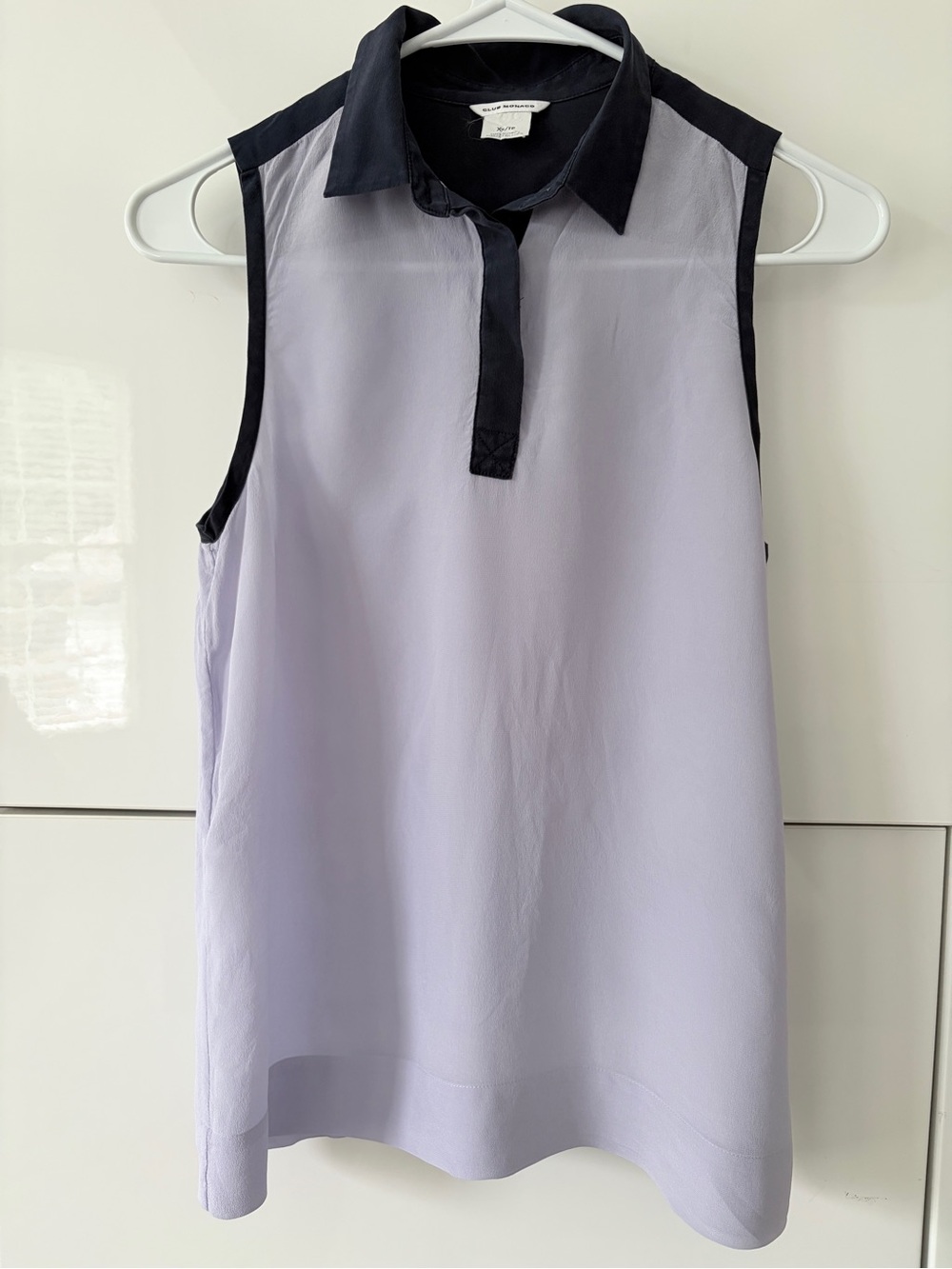 Club Monaco Lavender Silk Blouse with Navy Trim - Picture 2 of 6